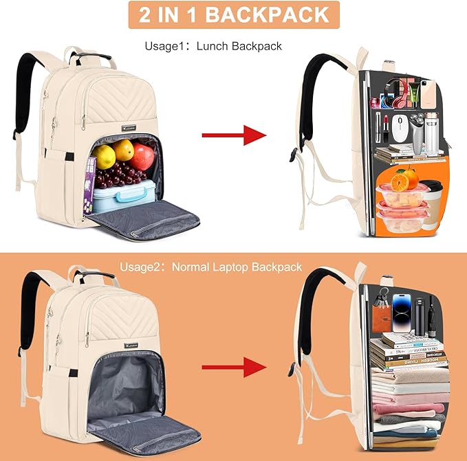 Lunch Backpack for Women, Water Resistant Insulated Cooler Lunch Bag, 15.6 inch Laptop Backpacks with USB Port, Picnic Backpack with Lunch Box for College Work Camping Beaches, Beige