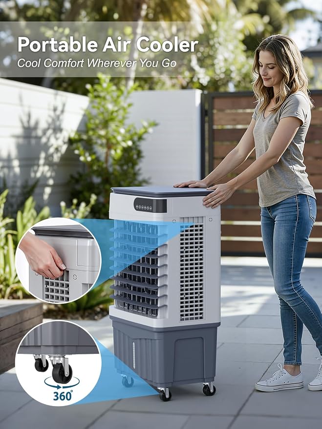 2800CFM Swamp Cooler, 4-IN-1 Evaporative Air Conditioners With 8.5 Gal Water Tank, 4 Ice Packs, Remote, 12H Timer, 120°Oscillation, 36”Portable Cooling Fan with 3 Modes&Speeds for Indoor Room（7）