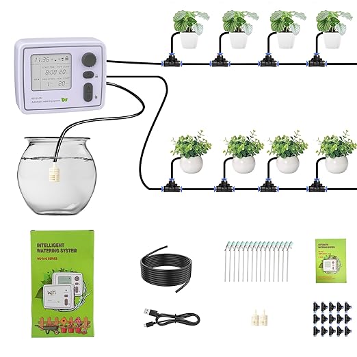 BZONE Dual Channel Automatic Watering System, Timer Drip Irrigation Kit for 20 Potted Plants, with Adjustable Programs & 3 Power Levels, 20 Emitters, 15M Hose for Indoor Garden