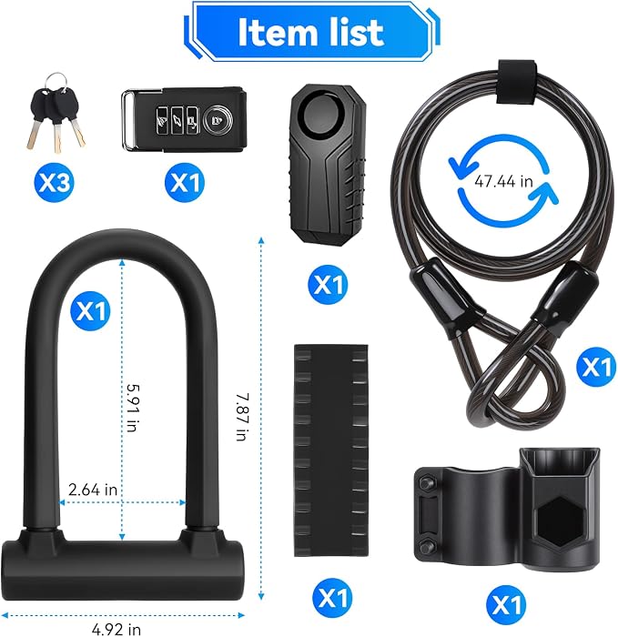 Bike U Lock with 113dB Alarm System, Heavy Duty Bike Lock with 4ft Security Cable & 17mm Shackle Bicycle Lock Mounting Bracket 3 Keys, IP65 Waterproof Anti-Theft U Lock for Electric Bikes, Scooter