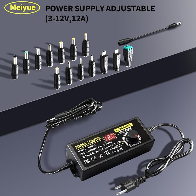 Universal Power Supply Adjustable 3V~12V 12A 144W Variable Switching Power Adapter 100V-240V AC to DC Converter Transformer with 14 Plugs&Polarity Converter,LED Voltage Display3V4V5V6V7V8V9V10V11V12V