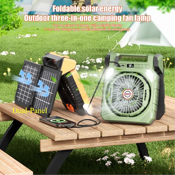 Solar Camping Fan, 25000mAh Dual-Panel Solar Powered Fan with LED Light, Portable Rechargeable Fan with 4 Speeds, 3-in-1 Multi-Function for Camping, Home, Travel & Outdoor Use