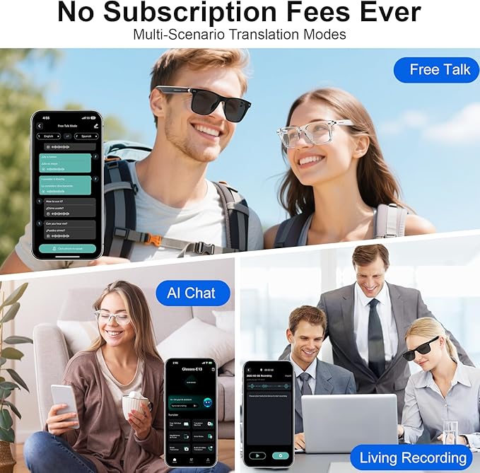 Smart Glasses for Women and Men with Chat GPT, Bluetooth Translation Glasses with 164 Languages, Open Ear Audio with Mic & Speakers, Hands-Free Calls, UV Protection & Anti-Blue Light