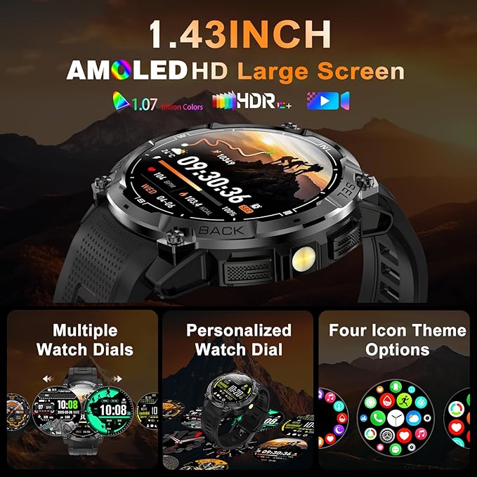 Rugged Military Smart Watch for Men with GPS, 1.43'' AMOLED Fitness Tracker Watch with Bluetooth Call/Flashlight/Compass, 170+ Sports Modes Waterproof Mens Smartwatch for Android iPhone