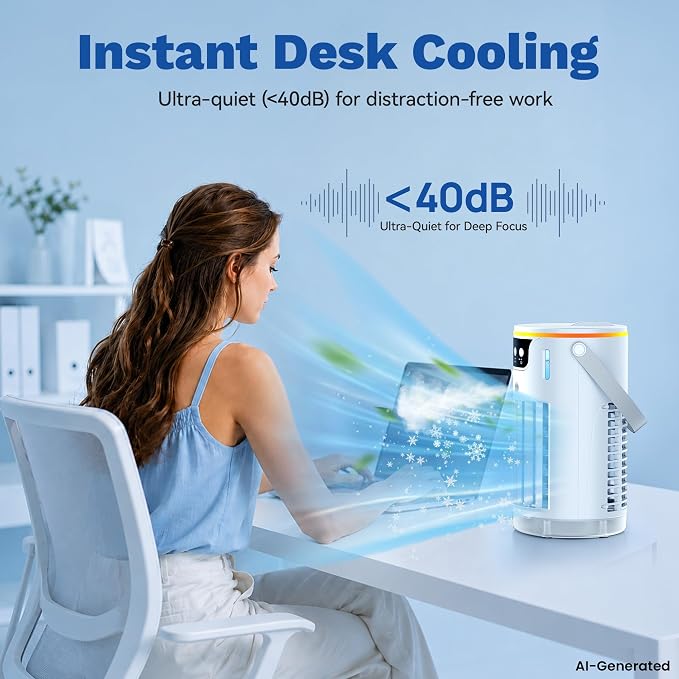 Portable Air Conditioners Fan, 1200ML Personal Evaporative Air Cooler with Water Tank, Ice Cooling Fan, Mini Desk Swamp Cooler for Bedroom, Office, Dorm, Home