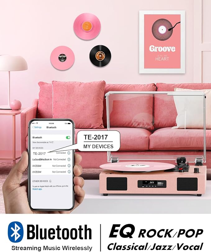 Vinyl Record Player Vintage Wireless Bluetooth Record Player with Enhanced Speakers, USB Recording, LP Player with 3-Speed Belt Drive Turntable Support RCA Line-Out AUX Input EQ,Pink