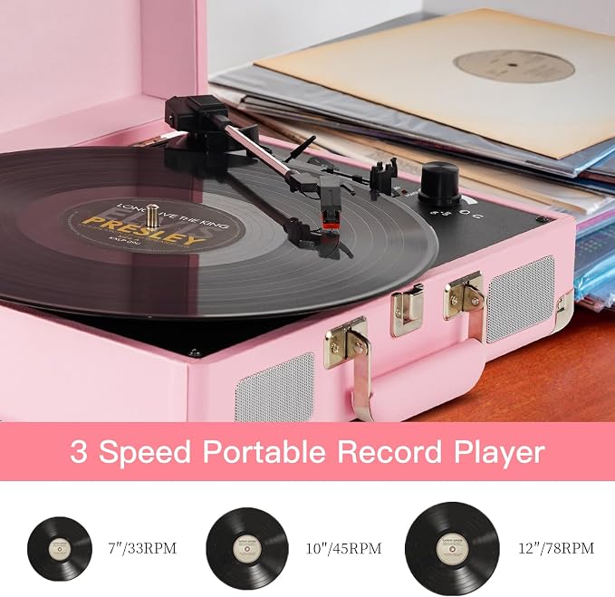 Pink Vinyl Record Player 3 Speeds Portable Suitcase Turntable with Built-in Dual Speakers, Bluetooth Gramophone with Built-in Battery 3.5mm Aux Input/RCA Output