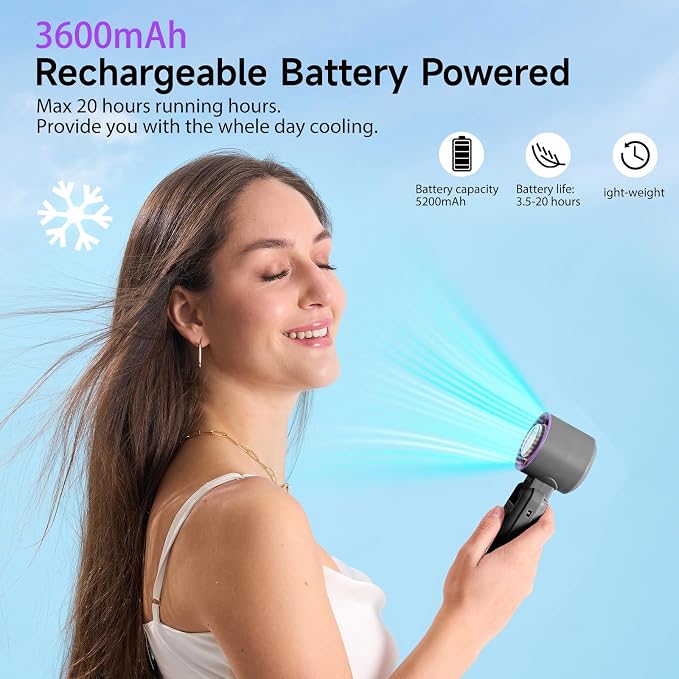 Handheld Portable fan with Turbo Cooling Ice Cooler- Hand Held Fan Rechargeable,100 Speed, 20H Battery Life 3600mAh, Powerful Mini Personal Fan for Travel, Outdoor, Beach, Makeup, Summer Use
