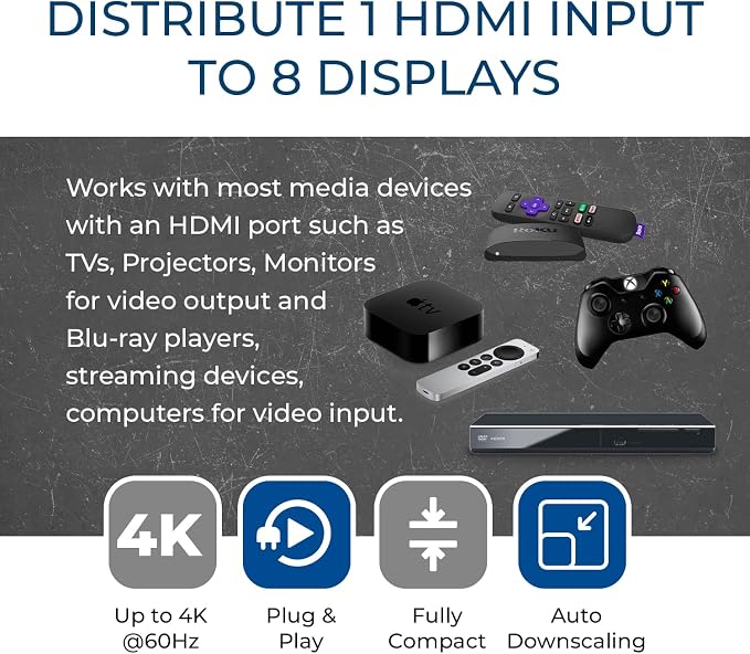 OREI 4K 1 in 8 Out HDMI Splitter 4:4:4 8-bit - HDMI 2.0, HDCP 2.2, 18 Gbps, 4K @ 60Hz HDMI Duplicator/Distributor UltaHD High Resolution (1x8)