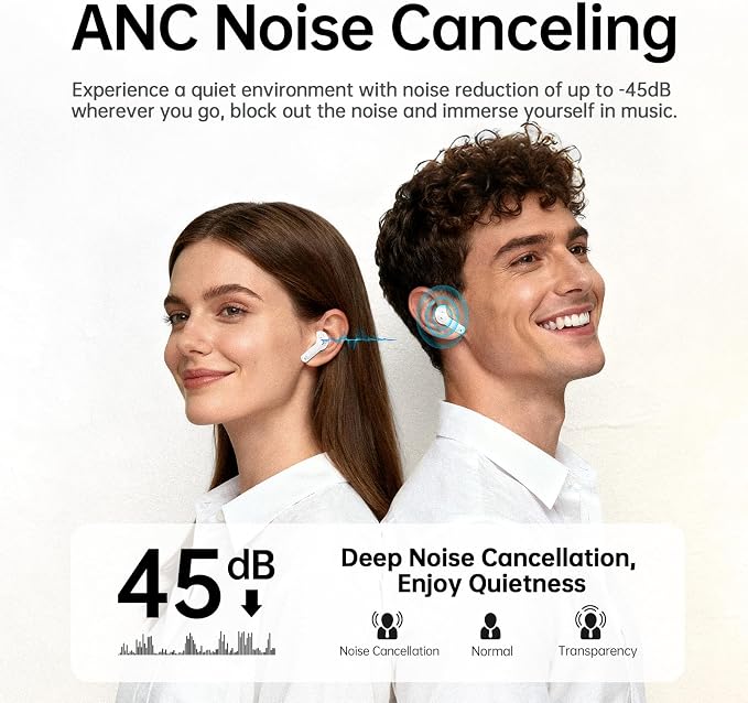 Adaptive Hybrid Active Noise Canceling 2026 Wireless Earbuds, 6 Mics ENC Clear Call Ear Buds, Hi-Res Audio Deep Bass Bluetooth 5.4 Headphones, 40H Playtime, LED, for Sports Running Gym Workout, White