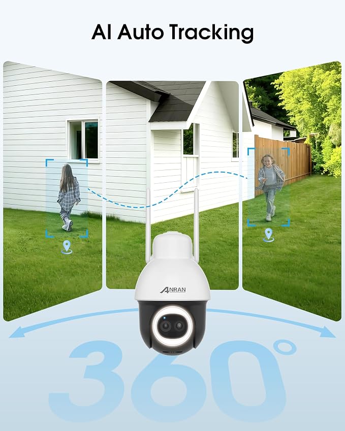 ANRAN AOV 24/7 Recording Solar Security Camera Outdoor,5MP WiFi Surveillance Wireless Cameras with 360° View, AI Auto Tracking, Color Night Vision, Compatible with Alexa