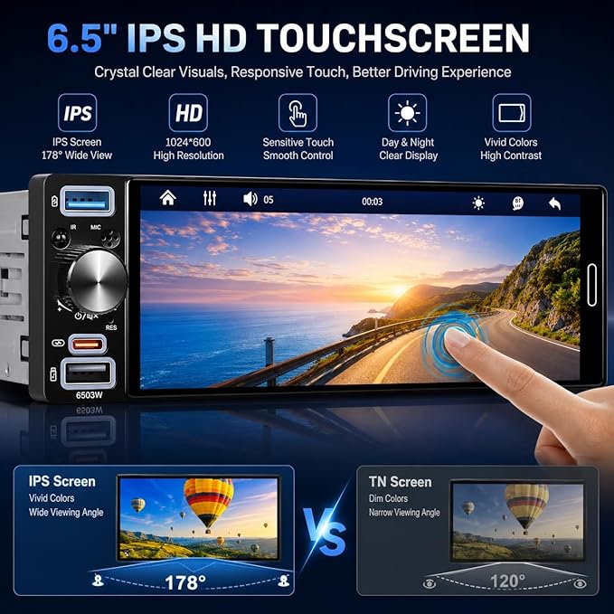 6.5" Single Din Car Stereo, Wireless Apple CarPlay Android Auto, Car Bluetooth 5.2, Car Radio with HD In-Cell IPS Touchscreen,FM/AM/RDS, Dual USB Type-C, HD Backup Camera, 180W Audio Output, Subwoofer