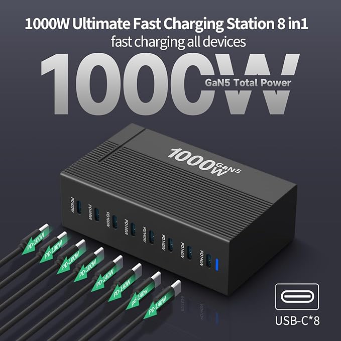 1000W 8-Port GaN5 Desktop Charging Station, High-Power USB Charging Hub with 5X 140W and 3X 100W PD Ports, Fast Charger for Laptops, Tablets, and Smartphones