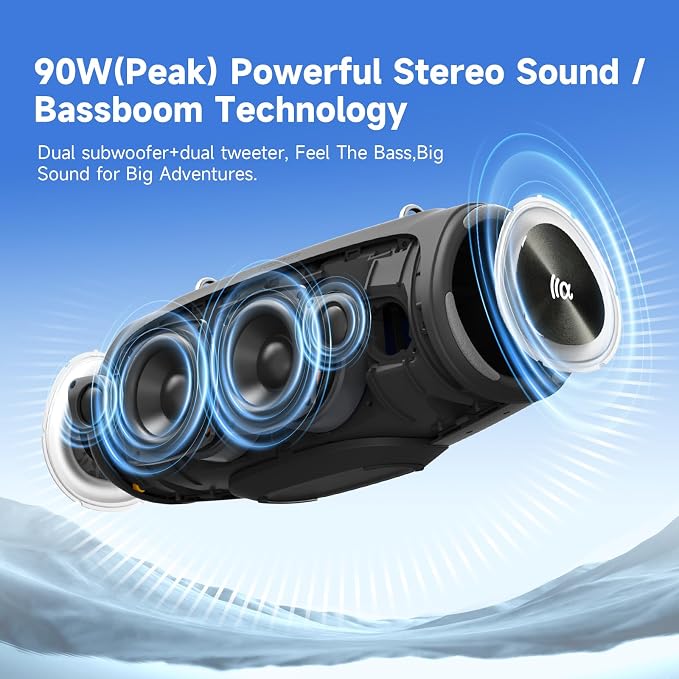 TAZATA Portable Outdoor Bluetooth Speaker, 90W Subwoofer, 100 + Speaker Pairing, BassUp 2.0, IPX7 Waterproof, Floatable, Bluetooth 5.3, RGB Lights, 6 Custom EQ, for Party Beach Pool - Black