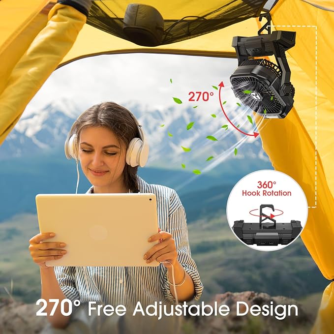 ONLYNEW Portable Fan Rechargeable, 20000mAh Cordless Battery Powered Fan with LED Lantern, Battery Operated for Travel Bedroom Home Camping Tent Office Beach Desk Fishing Table (Black)