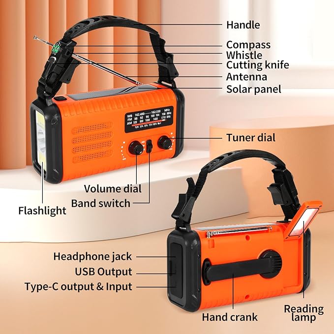 NOAA Emergency Weather Radio with AM/FM, Solar/Hand Crank/USB Charging, 20000mAh Rechargeable Battery, Flashlight & SOS Siren for Indoor/Outdoor Emergencies