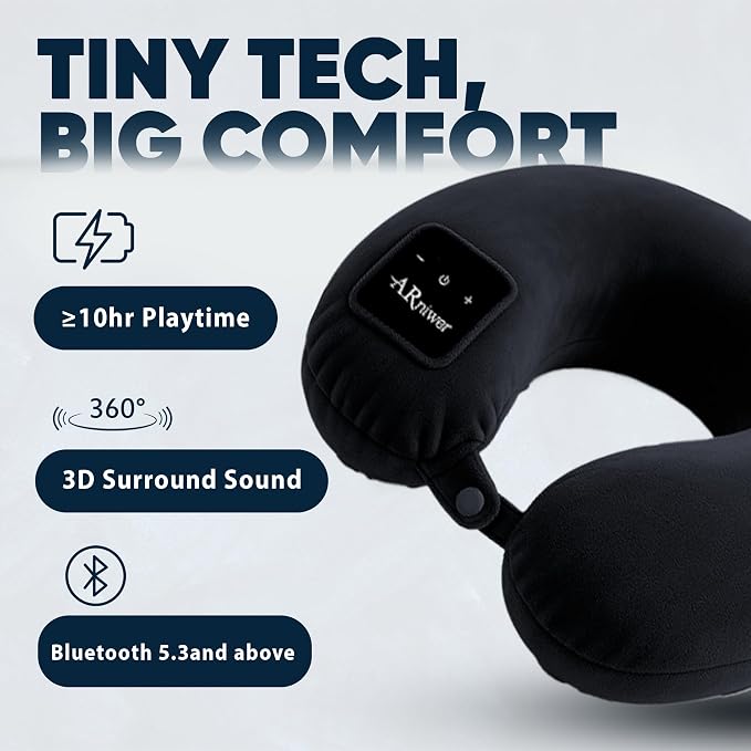 Bluetooth Music U Shaped Neck Pillow Wireless Bluetooth Speaker Memory Foam Suitable Airplane,Bus,Train,Car,Office,and Outdoor Camping The Best Travel Essentials. (Black)