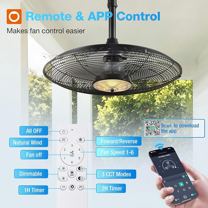 addlon Outdoor Ceiling Fan with Light for Patios, 24 inch Black Waterproof Gazebo Fan with Remote&APP Control, Reversible, Dimmable, Plug in Hook Mount Portable Fan for Garage Pergola Porch Canopy