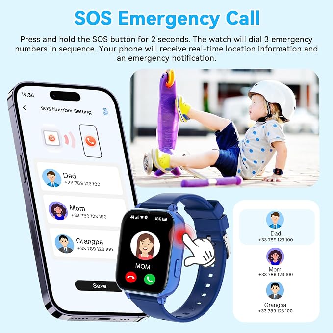 4G Kids Smart Watch Phone GPS, Smartwatch for Boys Girls Ages 4-12 Years with Video Call Chat Class Mode SOS Camera Alarm Games Parental App Touch Watch Gifts for Children (Includes SIM Card) Blue