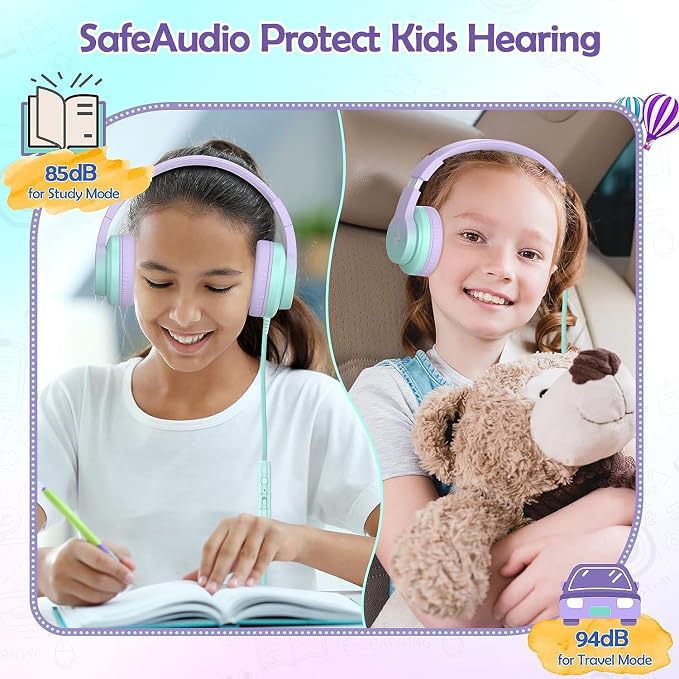 Candy Bila Kids Headphones, Wired Headphones for Kids Over Ear with Microphone, Foldable Headphone for Learning & Entertainment, Gradient Purple