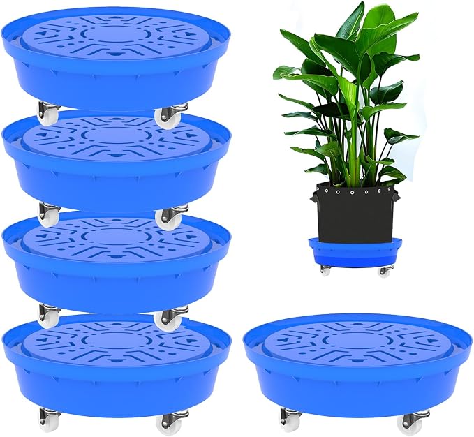 Self-Watering Base with Visible Water Level,5-Pack,Keeps Leaves and Flying Insects Out,Maintains Water Quality, Equipped with Rollers for Easy Movement and Rotation, Blue.