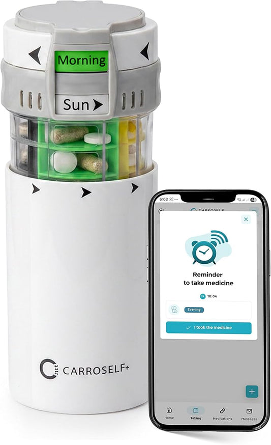 Pill Dispenser with App Reminder – Easy-to-Use Pill Organizer for 4 Daily Doses, AM/PM Supplement and Vitamin Organizer for Senior & Adults, Easy-Slide Storage for Medication Use | No Batteries Needed
