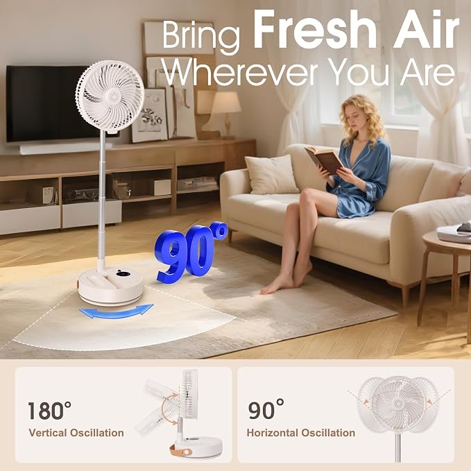 10800mAh Oscillating Portable Fan, Foldable Rechargeable Standing Fan with Remote, 4 Speeds, 2-8H Timer, Aroma Diffuser, 3-Level Night Light, Quiet Cooling for Camping Travel Office Bedroom