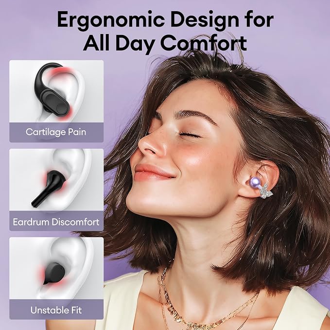 PAXA Stylish Open Ear Clip On Earbuds with Removable Butterfly Earring, Clip On Headphones with LCD Touch Screen, Fashionables Open Ear Headphones for Women, Butterfly Earring Purple Earbuds