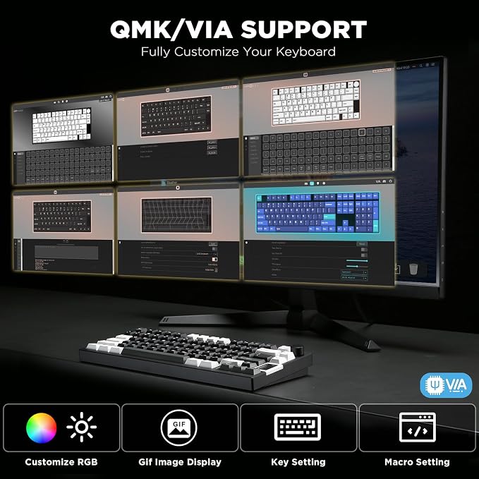 YUNZII AL80 Wireless Mechanical Keyboard,Full Aluminum CNC, Smart LCD Display,Hot Swappable Gasket Mount 75% Layout with Knob,BT/2.4G/USB-C,QMK/VIA Support for Win/Mac (Black, Cocoa Cream V2 Switch)