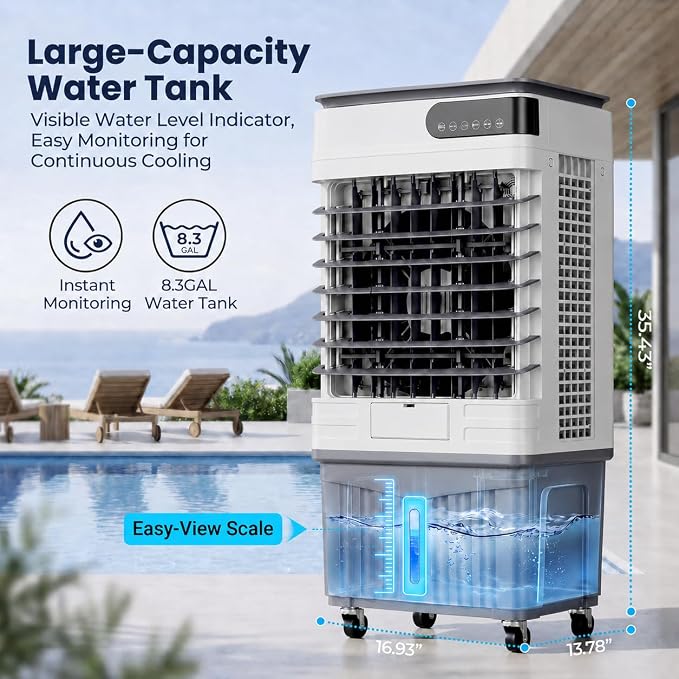 2800CFM Swamp Cooler, Portable Evaporative Air Cooler with 8.3 Gal Water Tank, 4 Ice Packs, 120° Oscillation, 3 Speeds & Modes, 12H Timer, Remote Cooling Fan for Large Room Garage