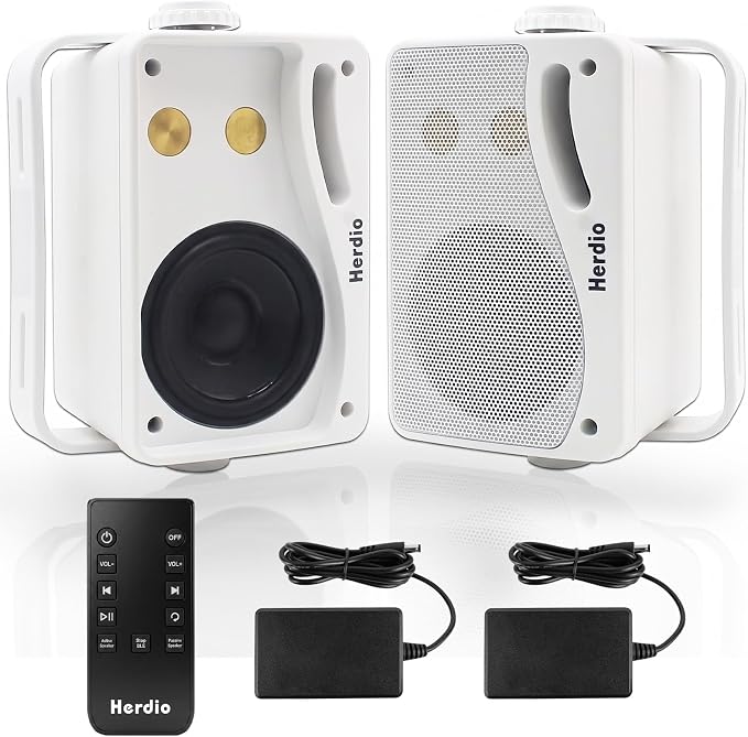 Herdio 3.5" 200W Outdoor Bluetooth Speakers, IP44 Waterproof Rating and Be Able to Wireless Multi-Connection Up to 20 Units for Patio/Porch/Balcony (White, 2-Pack)