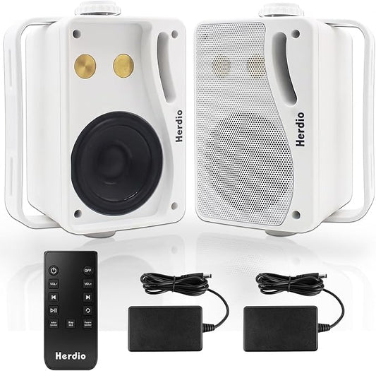 Herdio 3.5" 200W Outdoor Bluetooth Speakers, IP44 Waterproof Rating and Be Able to Wireless Multi-Connection Up to 20 Units for Patio/Porch/Balcony (White, 2-Pack)