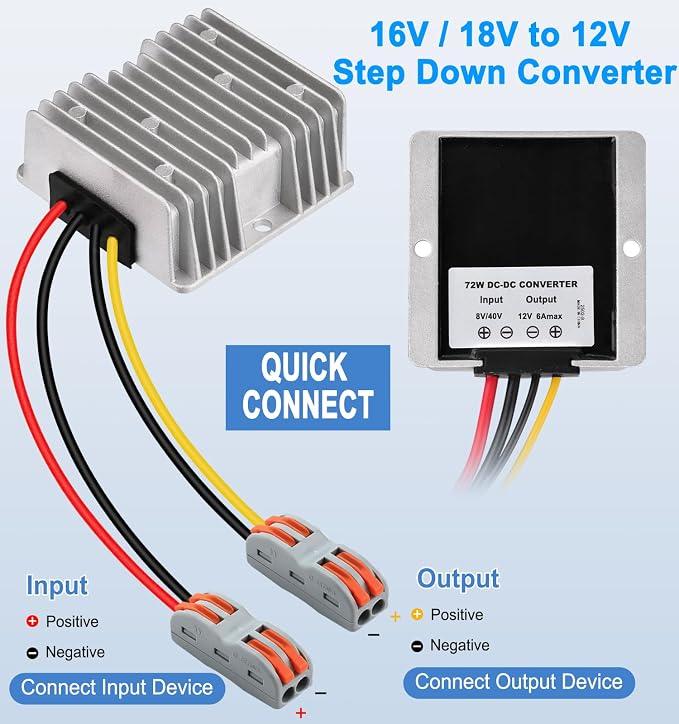 DC 8-40V to 12V Converter 6A 72W Step Down Converter Voltage Reducer IP68 Waterproof Transformer for Golf Cart Truck Boat Vehicle