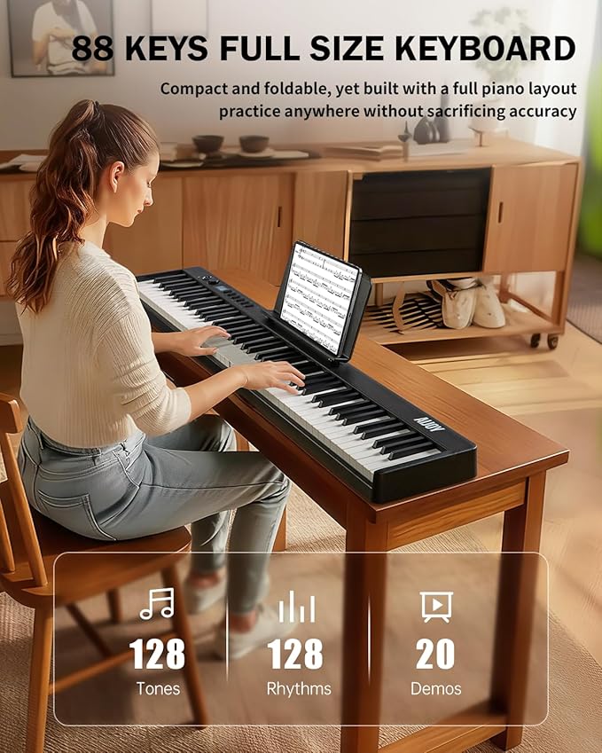 AiJoy 88-Key Portable Piano Keyboard with Semi-Weighted Keys Folding Piano, Built-in Speakers/MIDI, Long Battery Life Electric Keyboard Piano for Beginners