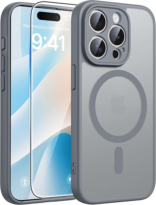 FNTCASE for iPhone 15 Pro Case: [Compatible with Magsafe] Translucent Matte Cases with [Full Camera Protection] [Screen Protector] Military Grade Shockproof Protective Phone Cover - Gray