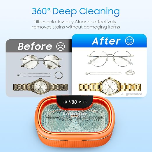 Ultrasonic Jewelry Cleaner, 45kHz Professional Sonic Cleaner Machine for Silver, Glasses, Dentures, 304 Stainless Steel Tank 20oz with 2x100ml Cleaning Solution for Home, Jewelry Store, Dental Care | 45kHz deep cleaning with 3 power 5 timer degas mode ...