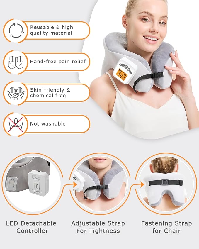 Rechargeable Heated Neck Pillow with Massage, 5000mAh Cordless Neck Heating Pad for Neck Pain, 3-Level Vibration Massage, 104-140℉ Adjustable Temp, 30/45/60Mins Timer, Type-C Cable & Storage Bag