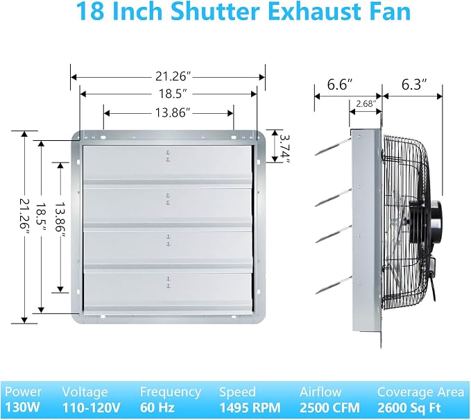 18 inch Shutter Exhaust Fan with Speed & Thermostat Control, 2600 SQ. Ft Coverage Area, 2500 CFM, Upgrade Powerful Wall Mount Attic Vent Fan for Greenhouse, Garage, Chicken Coops Ventilation Fans