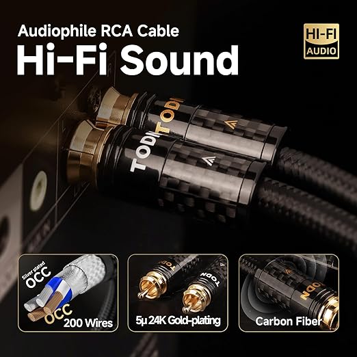 TODN 6.5ft HiFi Silver-Plated RCA Audio Cables Audiophile Dual Shielded | 2-core Silver-plated-OCC+2-core-OCC, 24K Gold-plated Plug, Carbon Fiber Shell, RCA to RCA, Left and Right Channel