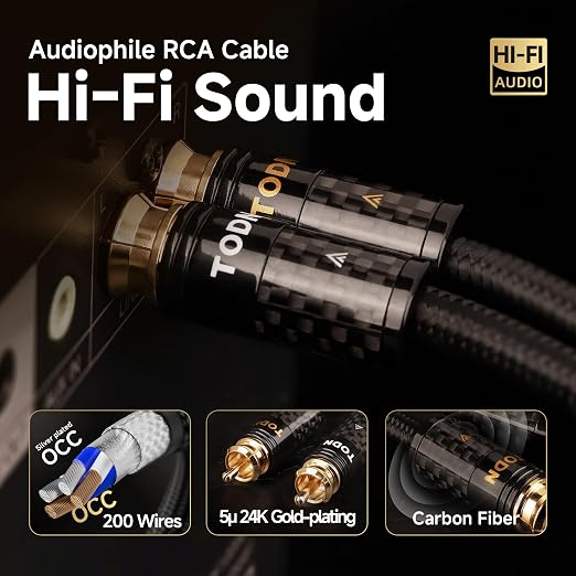 TODN Audiophile Silver-Plated RCA Cables 4.9ft Dual Shielded for HiFi Audio | 2-core Silver-plated-OCC+2-core-OCC, 24K Gold-plated Plug, Carbon Fiber Shell, RCA to RCA, Left and Right Channel