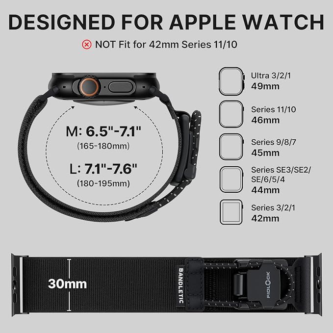 Bandletic Compatible with Apple Watch Ultra 3 / Ultra 2 Bands 49mm for Men, 30mm Wide Braided Nylon Strap with Magnetic Fidlock Hook Rope Buckle for iWatch Series 11/10 46mm, 9/8/7 45mm, SE/6/5/4 44mm