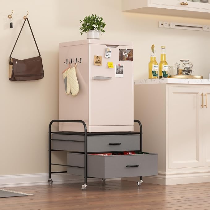 EazeHome Mini Fridge Stand, Fridge Stand with Storage, 2 Drawer Fridge Cart, Organizer Unit for Mini Fridge, Fridge Stand with Metal Frame and Fabric Drawers, Mini Fridge Table with 4 Swivel Wheels