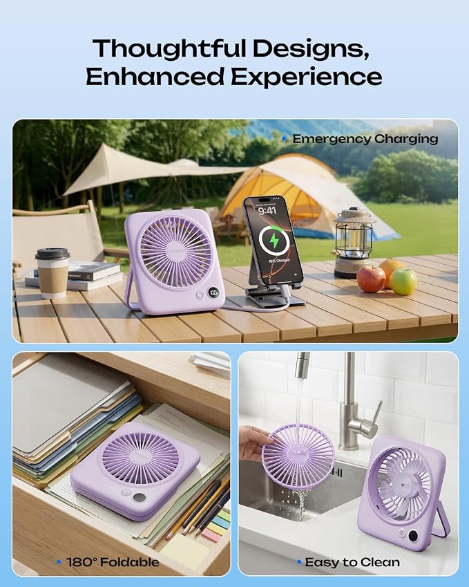 Otlonpe 2 Pack Portable Desk Fan 6.5 Inch, 4000mAh Rechargeable Battery Operated & USB Powered, 23Hrs Cordless Small Personal Travel Fan 4-Speed Quiet for Office Home Sleeping, Led Display, Foldable