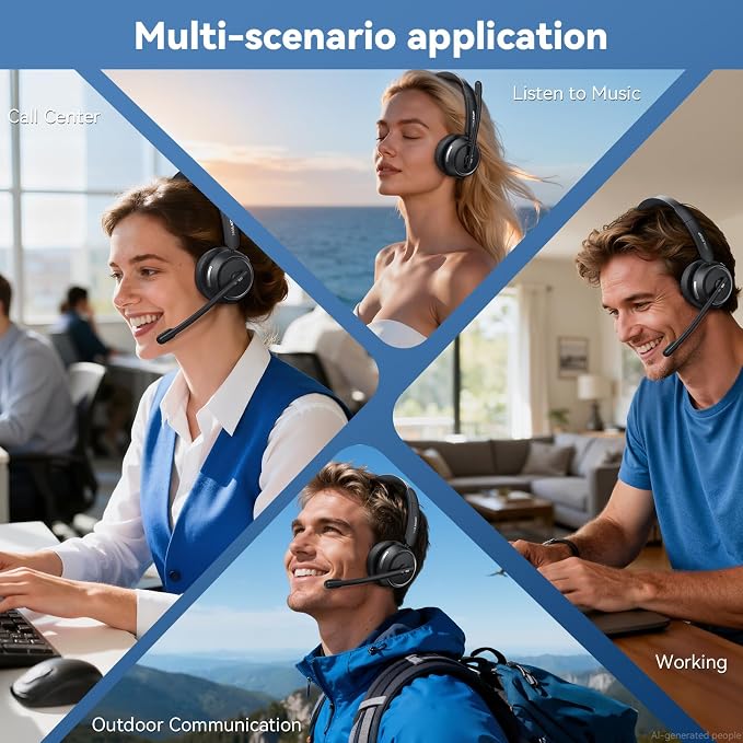 Wireless Headset with Mic for Work, Bluetooth Headset with Microphone Noise Cancelling & Mute Button, 65H Talk Time, Comfortable Wireless Headsets for Work/Call Center/Computer/Laptop/Calls