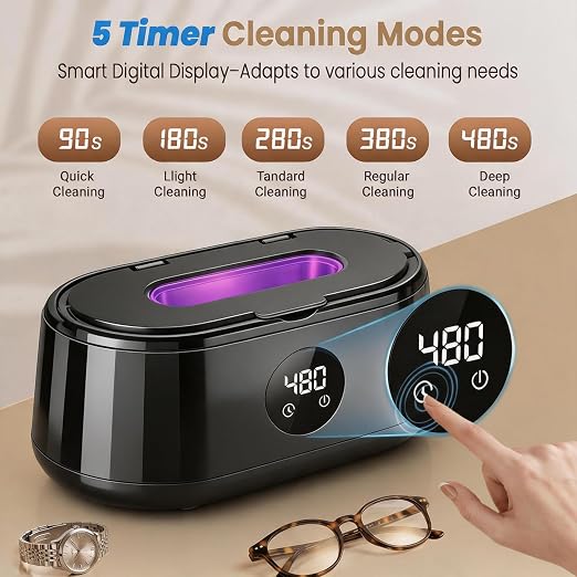 Ultrasonic Jewelry Cleaner, 50kHz Ultrasonic Cleaner Machine for Jewelry, Eyeglass, Retainers,Watch Strap, Rings,420ml 304 Stainless Steel Tank, 5 Timer Modes & LED Digital Display (Black)