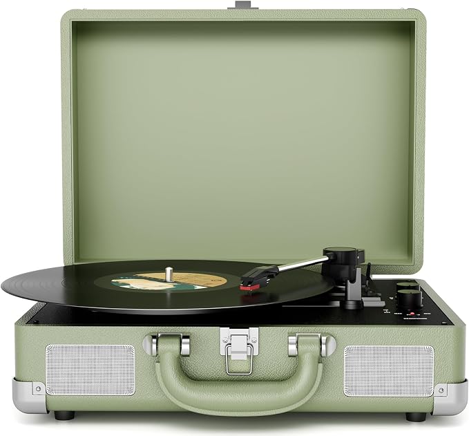 Vinyl Record Player 3-Speed Bluetooth Suitcase Portable Belt-Driven Record Player with Built-in Speakers RCA Line Out AUX in Headphone Jack Vintage Turntable,Aegean Green