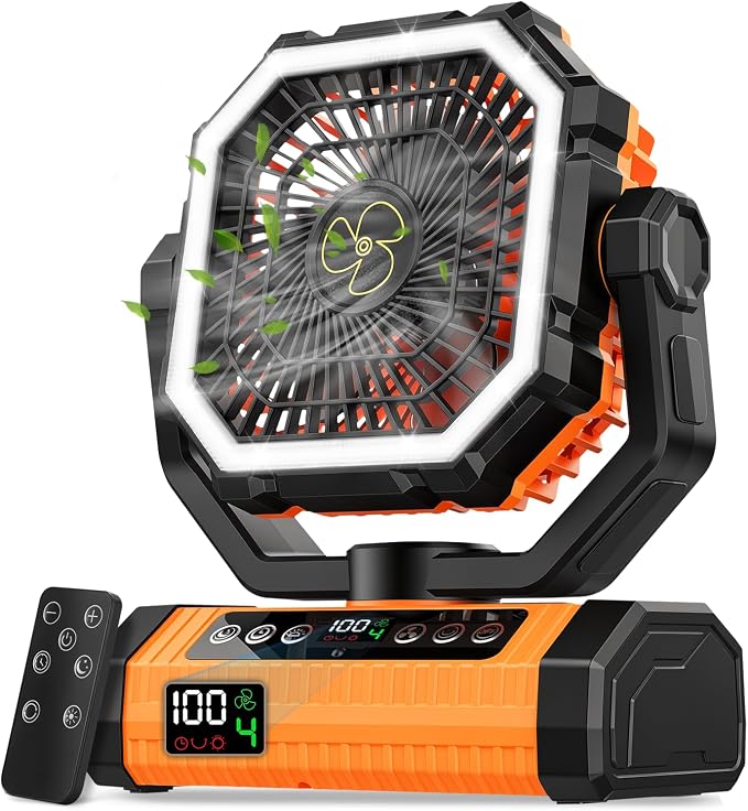 Camping Fan Rechargeable, 24000mAh Battery Powered Fan with Digital Display, 4 Speed Rechargeable Fans Portable with Remote, Cordless Battery Operated Fans with LED Light and Hanging Hook for Outdoor