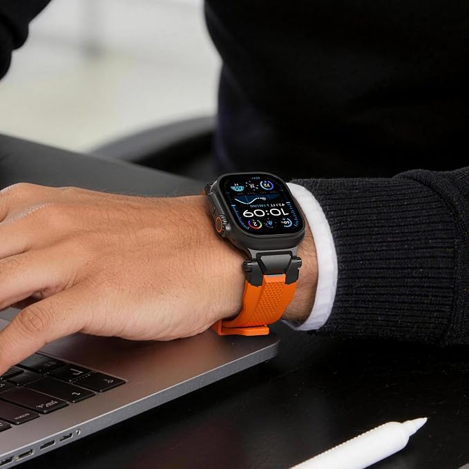 ULTIMAL Rugged Band for Apple Watch Ultra 3/2/1 49mm, Series 11/10/9/8/7/6/5/4 SE 46mm/45mm/44mm, Waterproof, Soft TPU Strap with Stainless Steel Buckle & Connectors, Sweat-Resistant, Easy to Clean, Fits 155-225mm Wrist (Black/Orange)