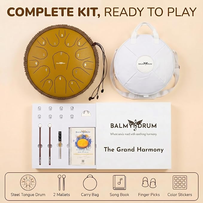 Balmy Drum Steel Tongue Drum 14 inch 15 Notes 440Hz, Handpan Drum with Music Book, Mallets, Carry Bag, Finger Picks, Rain Drum for Outdoor, Meditation Yoga Calming Instruments for Adults Kids (White)
