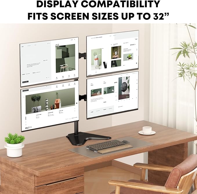 Quad Monitor Stand, Fully Adjustable Stacked 4 Screen Desk Mount for 17 to 32 Inch Computer Screens,Hold up to 19.8lbs Each,Black